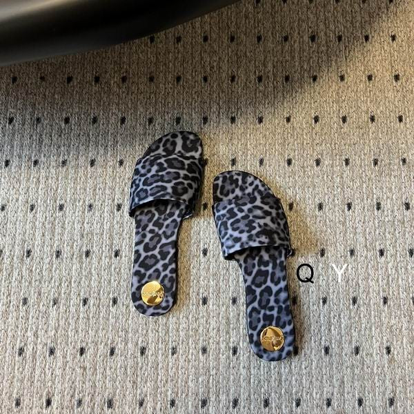 Grey Leopard Flat Slide Sandals