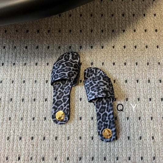 Grey Leopard Flat Slide Sandals