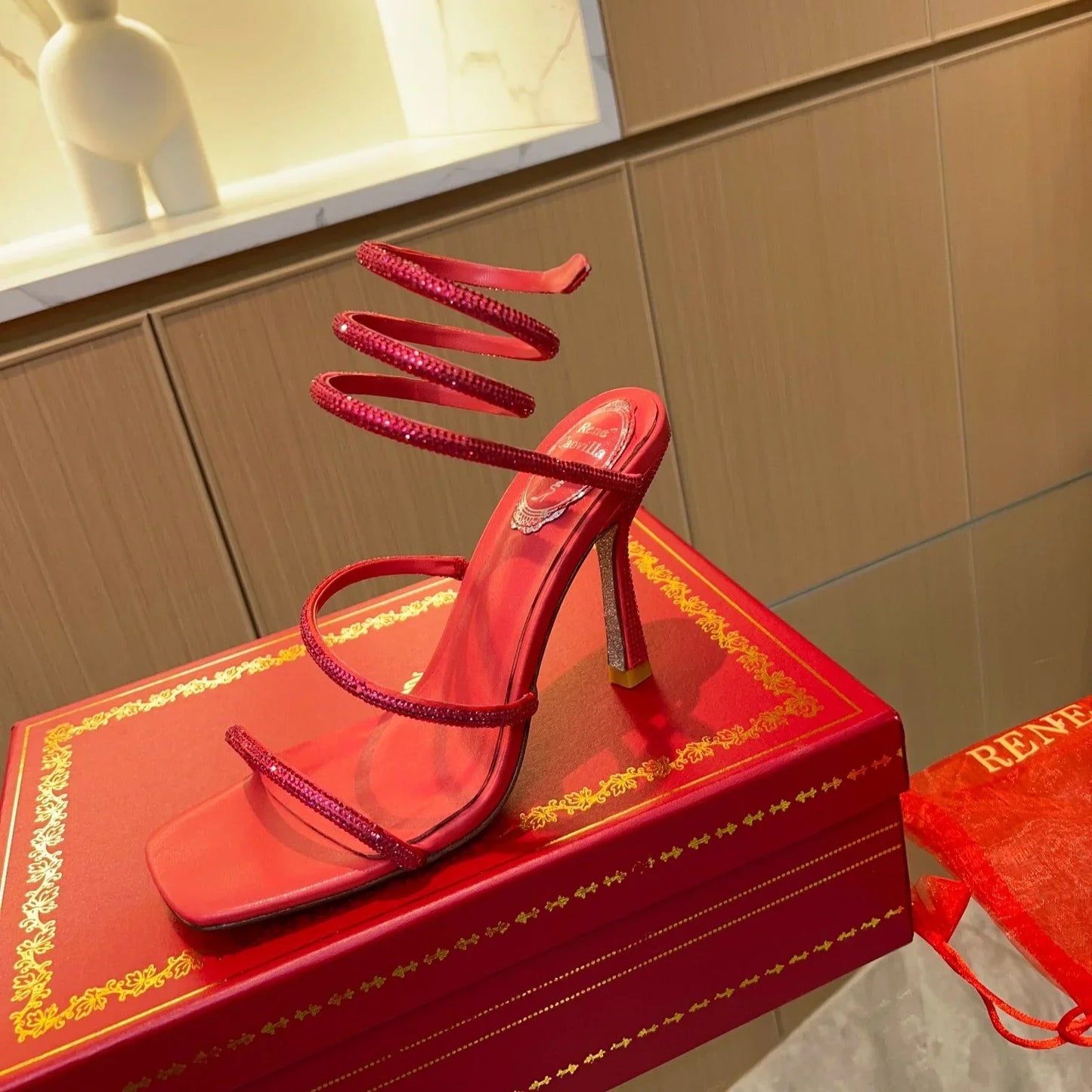 Red Cleo Crystal Strap Sandals