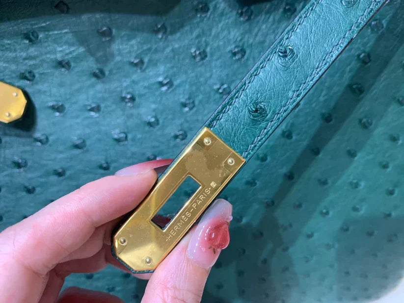 40 Ostrich Malachite With Gold Hardware Bag