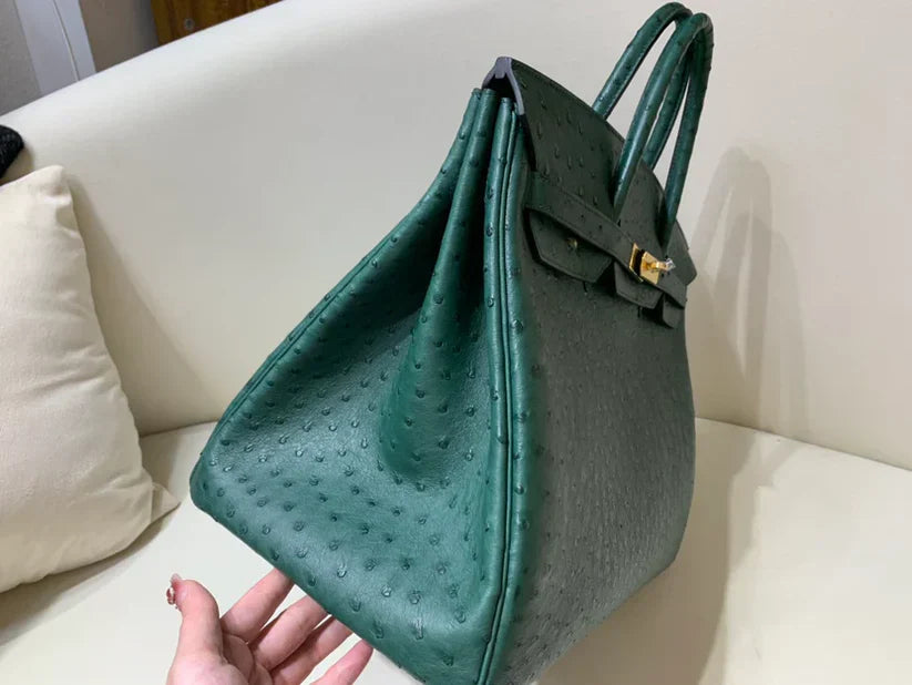 40 Ostrich Malachite With Gold Hardware Bag